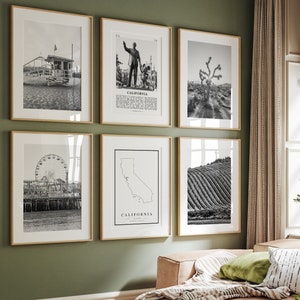 California Print 6er Set | Schwarz Weiß Wand Kunst | Kalifornien Karte | Kalifornien Foto-Galerie |  Weihnachtsmann | Joshua Tree | Napa Valley