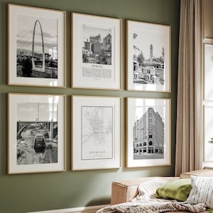 Spokane City Prints, Spokane Schwarzweißdrucke Set von 6, Spokane Wandkunst, Spokane Fotogalerie, Spokane Karte, Washington WA