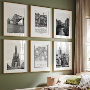 Impressões da cidade de Edimburgo, conjunto de 6 impressões em preto e branco de Edimburgo, marco de Edimburgo, conjunto de fotos de Edimburgo, mapa de Edimburgo, Escócia
