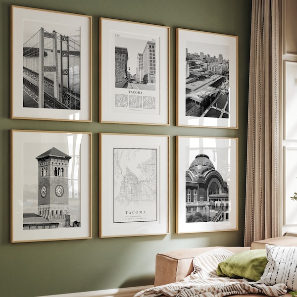 Tacoma City Prints, Tacoma Black And White Prints Set of 6, Tacoma Wall Art, Tacoma Photo Gallery, Tacoma Map, Washington