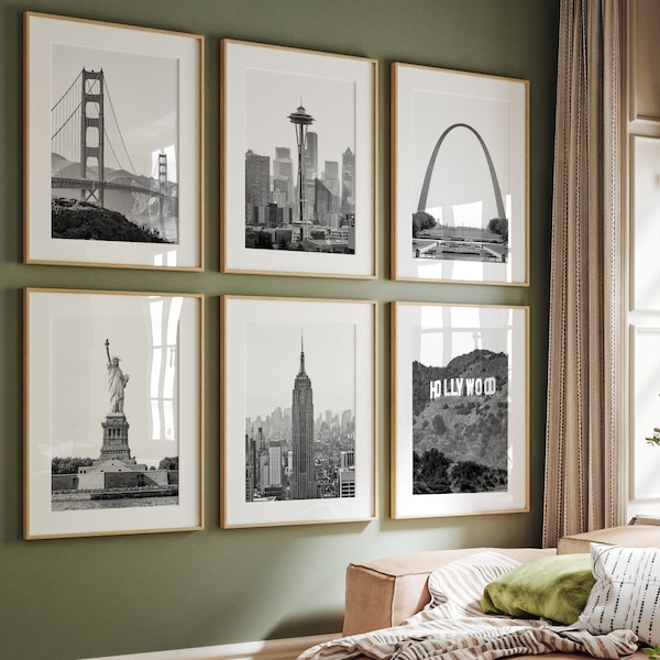 United States Wall Art Set of 30 | Black and White Prints | US Map and Cities | USA Photo Gallery | Washington D.C. | New York | Los Angeles
