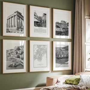 Láminas de la ciudad de Atenas, láminas en blanco y negro de Atenas (juego de 6), arte mural de Atenas, galería de fotos de Atenas, mapa de Atenas, Grecia