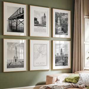 New Haven City prints, New Haven zwart-wit prints set van 6, New Haven kunst aan de muur, New Haven Photo Gallery, New Haven kaart, Connecticut