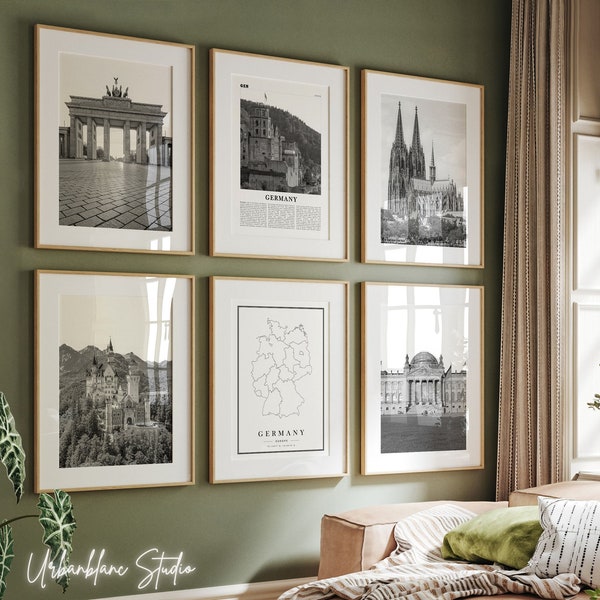 Germany Prints Set of 6 | Black And White Wall Gallery Prints | Brandenburg Gate | Neuschwanstein Castle | Cologne Cathedral | The Reichstag