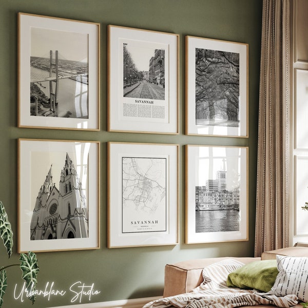Savannah Prints Set of 6 | Black And White Wall Gallery Prints | Talmadge Bridge | Cathedral of St. John | Avenue of Oaks | Riverfront