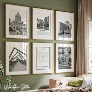 Ensemble de 6 gravures Des Moines | Impressions murales en noir et blanc de la galerie | Capitole de l'État de l'Iowa | Pont du sentier High Trestle | Cour suprême de l'État de l'Iowa
