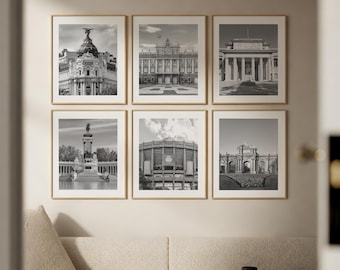 Madrid Wall Art Set of 6, Spain Gallery Wall Prints, Black and White Photography Posters