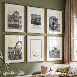 Set van 6 prints op het eiland Man | Zwart-witte muurgalerijafdrukken | Kasteel Rushen | The Great Laxey Wheel | Toevluchtstoren
