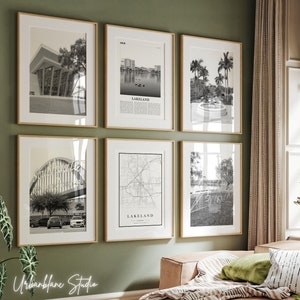 Lakeland FL-prints set van 6 | Zwart-wit galerijafdrukken | Southern College | Southgate-winkelcentrum | Hollis-tuin | Lakelandpark