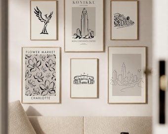 Charlotte Wall Art Set of 6, North Carolina Gallery Wall Prints, Minimalist Neutral Prints