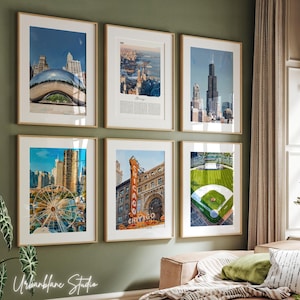 Chicago Digital Prints Gallery Set of 6 • Cloud Gate • Navy Pier • Chicago Theatre • Willis Tower • Wrigley Field