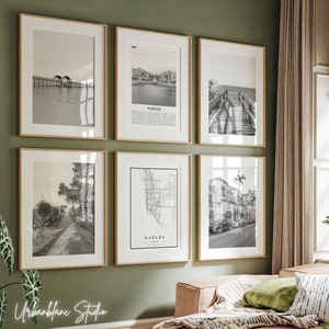 Set van 6 Napels-prints | Zwart-witte kunstafdrukken | Pier van Napels | Botanische tuin | Fifth Avenue South | Delnor Wiggins-pas