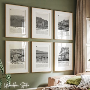 Set van 6 Napa Valley-prints | Zwart-witte muurafdrukken | Kasteel van Amorosa | Wijntrein | V. Sattui-wijnmakerij | Openbare markt | Centrum