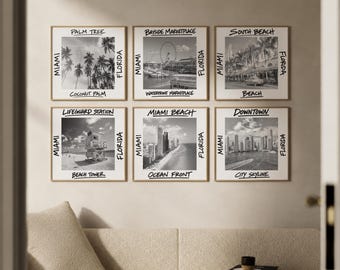 Miami Wall Art Set of 6, Tropical Deco Prints with South Beach, Bayside Marketplace