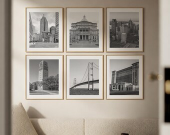 Michigan Wall Art Set of 6, Historic Architecture Prints with Mackinac Bridge, State Capitol