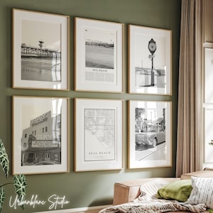 Conjunto de 6 impressões de Seal Beach | Galeria de impressões de parede em preto e branco | Píer de Seal Beach | Teatro Bay | Relógio histórico | Rua principal