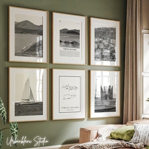 Conjunto de 6 impressões das Ilhas Virgens Americanas | Galeria de impressões em preto e branco | Trunk Bay | Distrito histórico de Charlotte Amalie | Point Udall