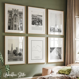 Latvia Prints Set of 6 | Black And White Wall Gallery Prints | Art Nouveau Architecture | Riga Castle | Freedom Monument | Jurmala Beach