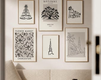 Charleston Wall Art Set of 6, South Carolina Gallery Wall Prints, Minimalist Neutral Posters