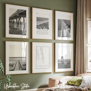 Set van 6 strandafdrukken Jacksonville | Zwart-witte muurgalerijafdrukken | Jacksonville Beach Pier | Strandpark