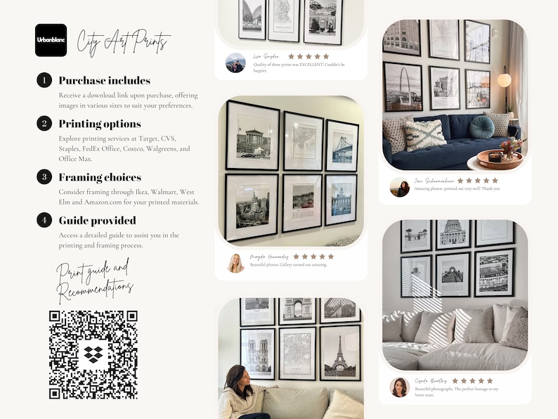 May include: A collection of black and white city skyline prints displayed in a gallery wall arrangement. The prints are framed in black frames and feature iconic landmarks from different cities. The prints are displayed in a living room setting with a couch and a coffee table.