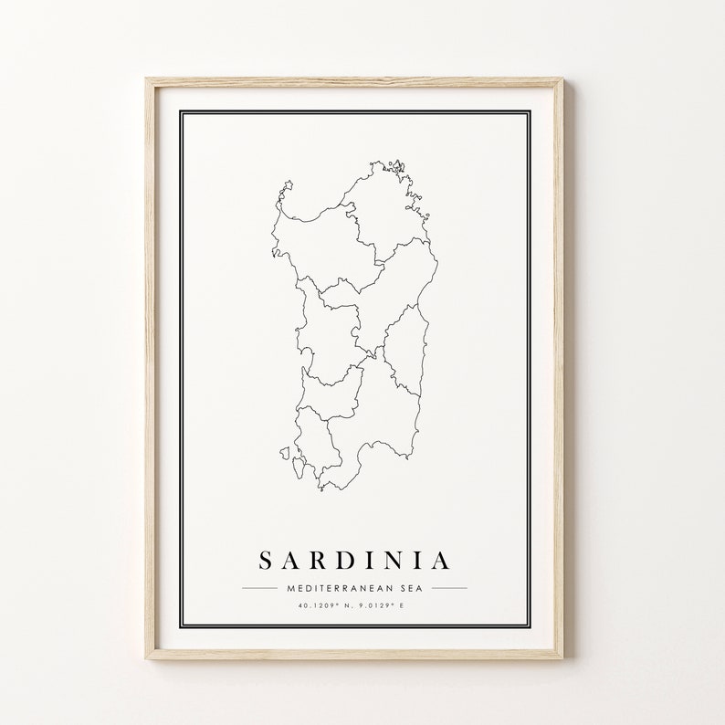 May include: A black and white line art map of Sardinia, an island in the Mediterranean Sea. The map includes the island's name, "Sardinia", and the coordinates "40.1209&deg; N, 9.0129&deg; E".