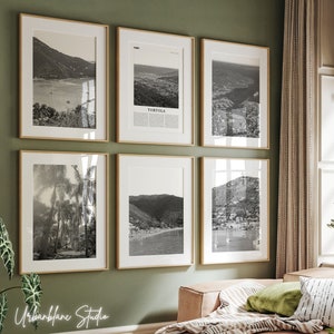 Conjunto de 6 impressões de Tortola | Impressões de parede em preto e branco | Cane Garden Bay | J.R. O'Neal Botanic | Rio Derwent e ponte flutuante | Road Town