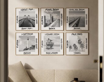Florida Wall Art Set of 6, Coastal Landmarks Poster Prints with Miami Beach