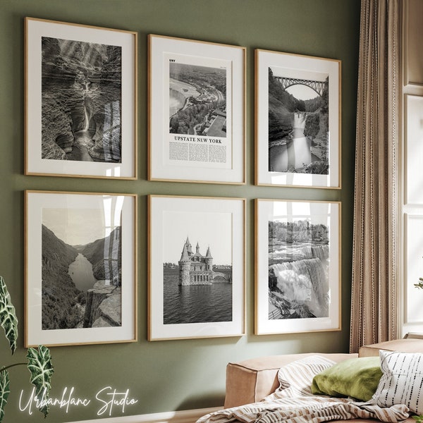 Upstate New York Prints Set of 6 | Black And White Wall Gallery Prints | Watkins Glen | Adirondack Mountains | Boldt Castle | Niagara Falls