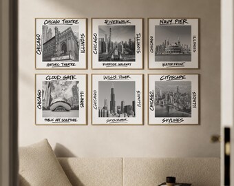 Chicago Wall Art Set of 6, Landmark Skyline Poster Prints with Cloud Gate