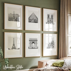 Lot de 6 gravures de Paris | Impressions de galerie en noir et blanc | Tour Eiffel | Musée du Louvre | Cathédrale Notre-Dame | Arc de Triomphe | Sacré-Cœur