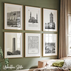 Conjunto de 6 impresiones de Erbil / Impresiones de galería de pared en blanco y negro / Ciudadela de Erbil / Parque del Minarete / Torre del Reloj / Plaza Mayor