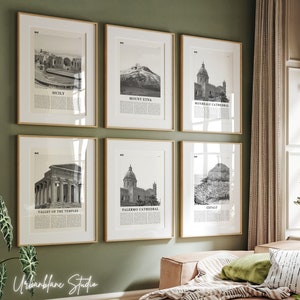May include: A set of six black and white framed prints featuring images of various Sicilian landmarks, including the Valley of the Temples, Palermo Cathedral, Mount Etna, Monreale Cathedral, Cefalù, and Sicily.