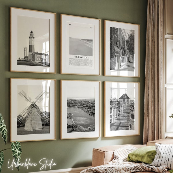 The Hamptons Prints Set of 6 | Black and White Wall Art Gallery Prints | Montauk Point Lighthouse | Cooper's Beach | Sag Harbor
