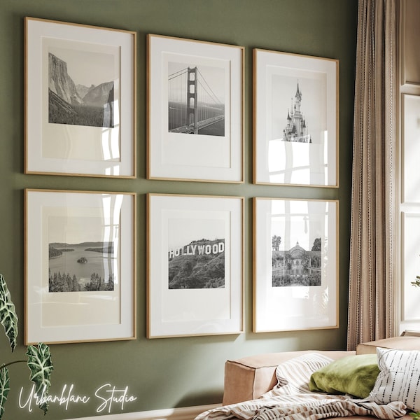 Ensemble de 6 gravures californiennes | Impressions murales en noir et blanc de la galerie | Pont du Golden Gate | Panneau Hollywood | Anaheim | Lac Tahoe | Parc Balboa