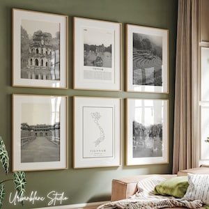 Vietnam Drucke 6er Set | Schwarz-weiße Wandkunst Galeriedrucke | Hoàn Kiếm See | Kaiserstadt Huế | Hạ Long Bay | Sapa Terrassen