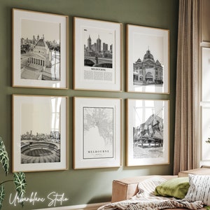 Conjunto de 6 impresiones de Melbourne / Impresiones de galería en blanco y negro / Santuario del Recuerdo / Campo de críquet / Calle Flinders / Plaza de la Federación