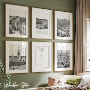 Conjunto de 6 impresiones de Gibraltar / Impresiones de galería de pared en blanco y negro / El Peñón de Gibraltar / Punta Europa / Teleférico de Gibraltar / Calle Principal
