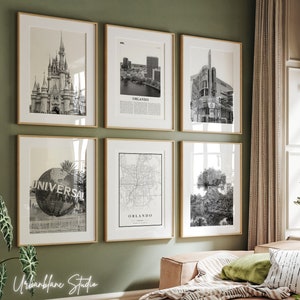 Set van 6 Orlando-prints | Zwart-witte muurgalerijafdrukken | Walt Disney World® | Universal Orlando | Amway Center | Dierenrijk