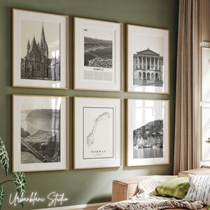 Ensemble de 6 gravures norvégiennes | Galerie murale noir et blanc | Cathédrale de Nidaros | Chaire de roche | Palais Royal | Quai de Bryggen