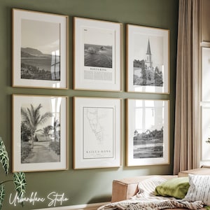 Kailua Kona-afdrukken set van 6 | Zwart-witte kunstgalerieafdrukken aan de muur | Kailuabaai | Mokuaikaua-kerk | Kaloko-Honokhau | Oude Kona