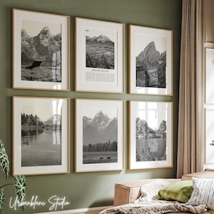 Lot de 6 gravures du parc national de Grand Teton | Impressions murales en noir et blanc de la galerie | Parc national de Grand Téton | Grand Téton | Lac Jenny | Oxbow Bend