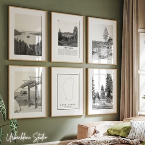 Set van 6 Lake Tahoe-prints | Zwart-witte muurgalerijafdrukken | Emerald Bay | Hemelse berg | Sand Harbor | Donner-monument