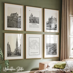 Ensemble de 6 gravures d'Édimbourg | Impressions murales en noir et blanc de la galerie | Château d'Édimbourg | Le Royal Mile | Palais de Holyrood | Le siège d'Arthur