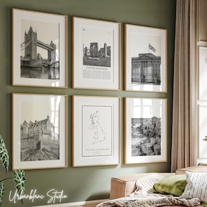 Conjunto de 6 impresiones del Reino Unido / Arte en blanco y negro / Puente de la Torre / Castillo de Edimburgo / Buckingham / Calzada del Gigante