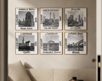 Cleveland Wall Art Set of 6, Historic Landmark Prints with Guardian Statue, Skyline, Monument