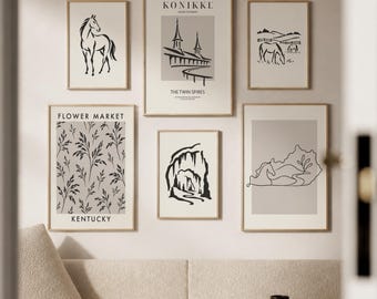 Kentucky Wall Art Set of 6, Kentucky Gallery Prints, Minimalist Neutral Posters