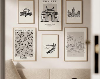 Mumbai Wall Art Set of 6, India Gallery Wall Prints, Minimalist Neutral Posters