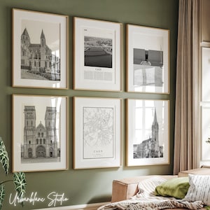 Puede incluir: Una pared de galería con seis impresiones enmarcadas en blanco y negro. Las impresiones muestran imágenes de una iglesia, un mapa y vistas aéreas de una ciudad. Los marcos son todos del mismo tamaño y tienen un acabado en madera clara.