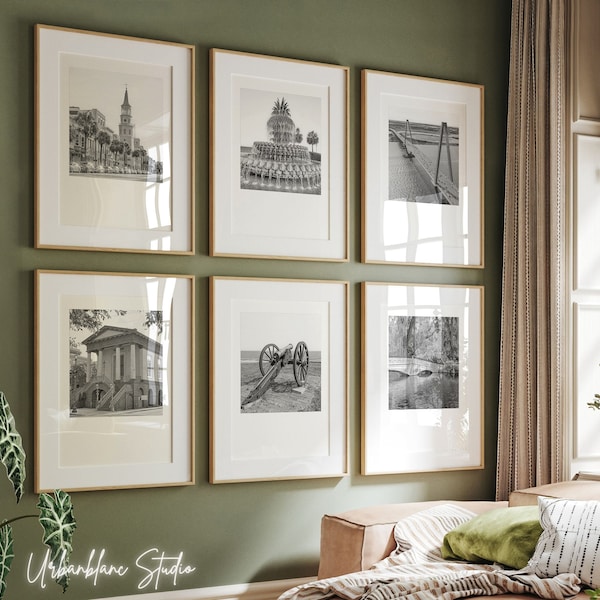 Charleston Prints Set of 6 | Black And White Wall Gallery Prints | Waterfront Park | Fort Sumter | Ravenel Bridge | Magnolia | City Market